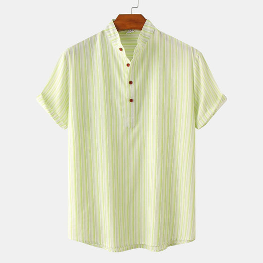 Camisa Casual de Rayas con Cuello Mao Manga Corta para Hombre - Image 4