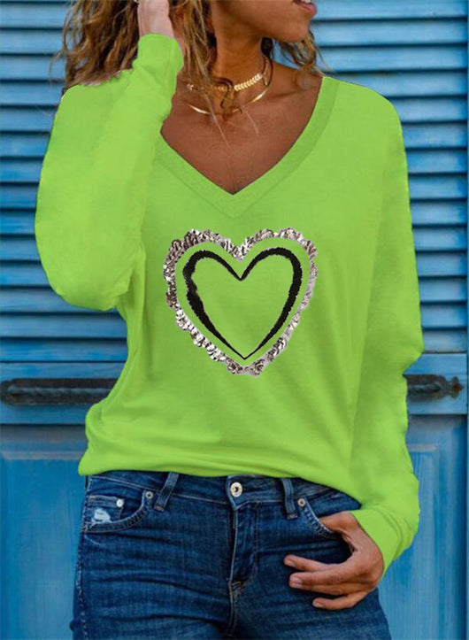 Blusa Básica Mujer con Estampado de Corazones, Cuello V y Mangas Largas - Image 2