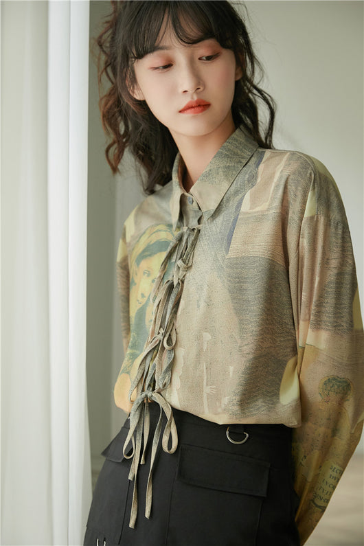 Camisa Manga Larga Estilo Óleo Retro con Moño - Image 9