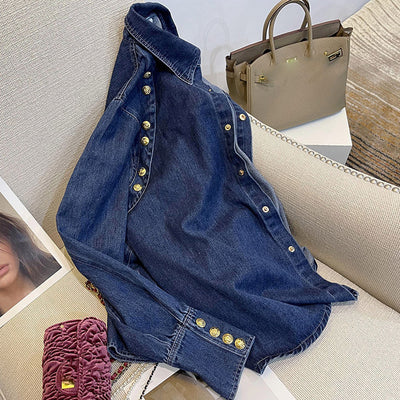 Camisa Denim Retro Estilo Hong Kong para Mujer - Otoño e Invierno