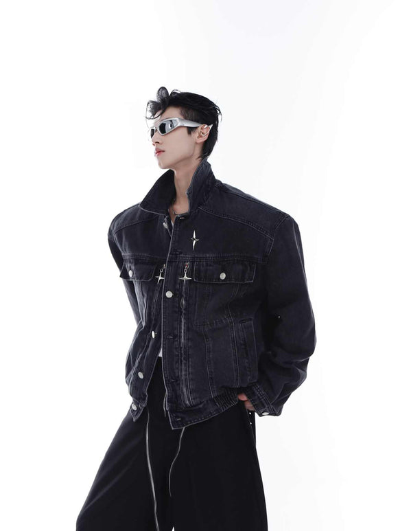 Chaqueta Denim Acolchada con Hombros Reforzados y Cierre Metálico