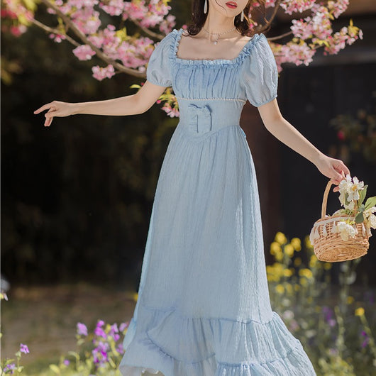 Vestido Vintage de Cintura Alta con Cuello Cuadrado y Mangas Abullonadas Beaded - Image 7