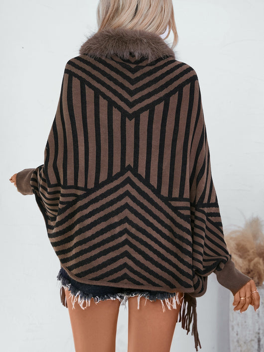 Poncho Tejido de Rayas Otoño Invierno con Flecos Elegante - Image 29