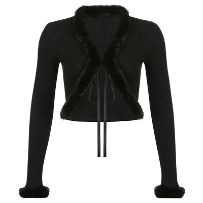 Cardigan Pluché de Encaje Ajustable con Mangas Largas en Color Sólido - Image 9