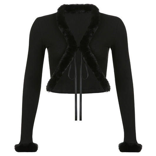 Cardigan Pluché de Encaje Ajustable con Mangas Largas en Color Sólido - Image 9