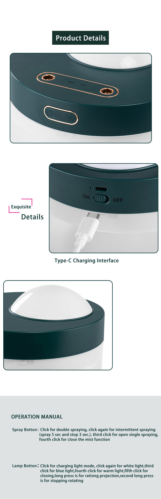 White portable projection humidifier with a translucent water tank and gold-accented control buttons. - Image 15