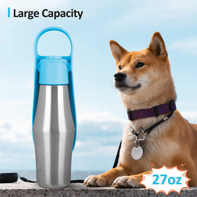 Portable pet water bottle with a stainless steel body and a gray silicone leaf-design drinking bowl and handle.
