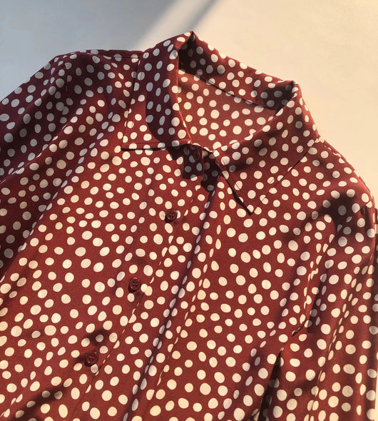 Camisa Vintage Burdeos con Lunares en Seda - Cuello Solapa Manga Larga - Image 27