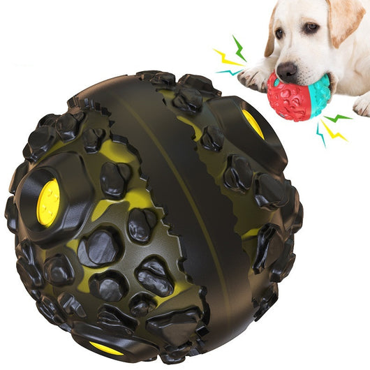 Black and yellow meteorite-shaped dog teether ball toy with textured surface and embedded yellow lights. - Image 10