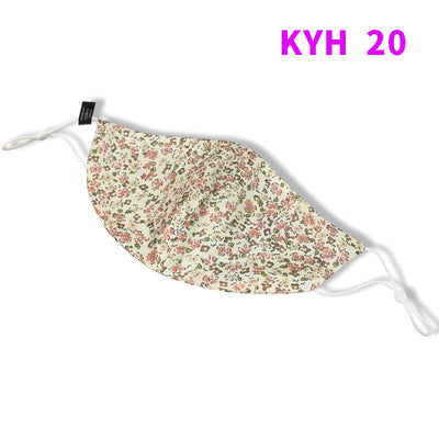 White silk face mask with light blue floral pattern and adjustable ear loops for women's sun protection. - Image 21