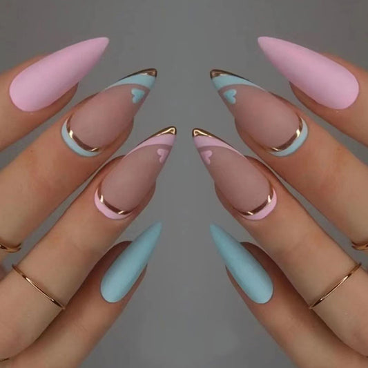 Uñas Postizas Medianas Pato Mandarín Azul con Borde Dorado Estilo Francés