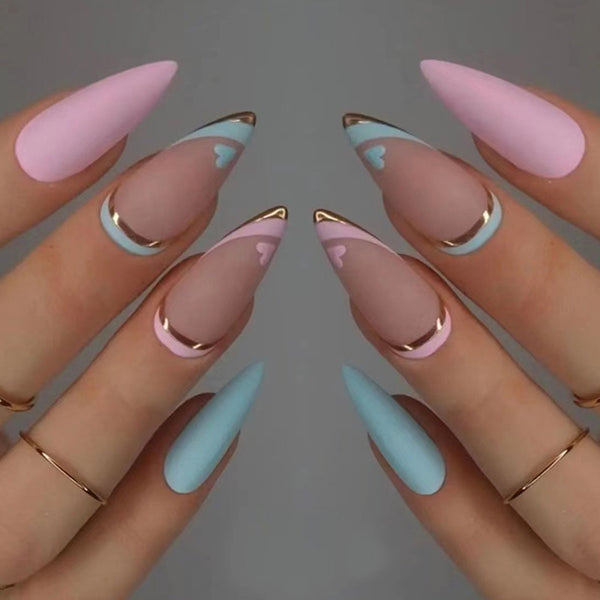 Uñas Postizas Medianas Pato Mandarín Azul con Borde Dorado Estilo Francés