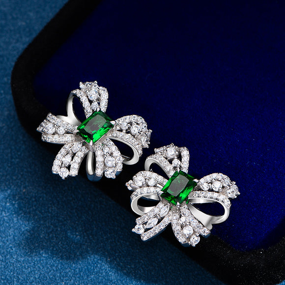Aretes de Plata Esterlina con Esmeralda Verde en Forma de Moño