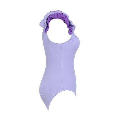 Black one-shoulder ribbed one-piece swimsuit with a ruffled blue and black strap, ideal for women's swimwear. - Image 23