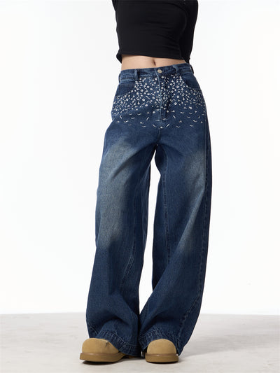 Pantalones Vaqueros Rectos Bordados Floral Vintage Mujer Cintura Alta Pierna Ancha - Image 13