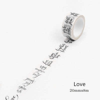 Washi tape with a black gothic-style alphabet letter pattern on a white background, showing a partial alphabet. - Image 10