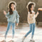 Conjunto de Dos Piezas: Jeans con Mangas de Encaje para Niñas