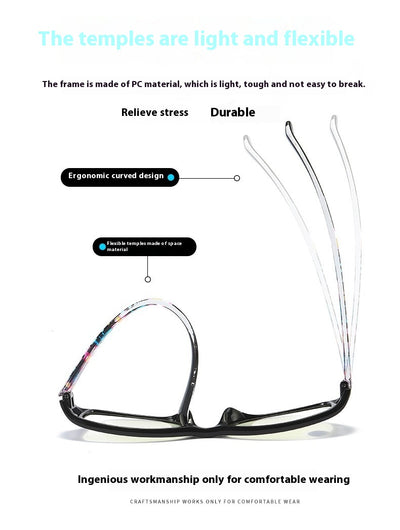 Women's lightweight fashion reading glasses with a red frame and colorful floral print temples. - Image 10