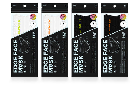 White V-shape face mask with pink ear loops, packaged in a clear and black pouch, size S, by Kalor Cvre. - Image 30