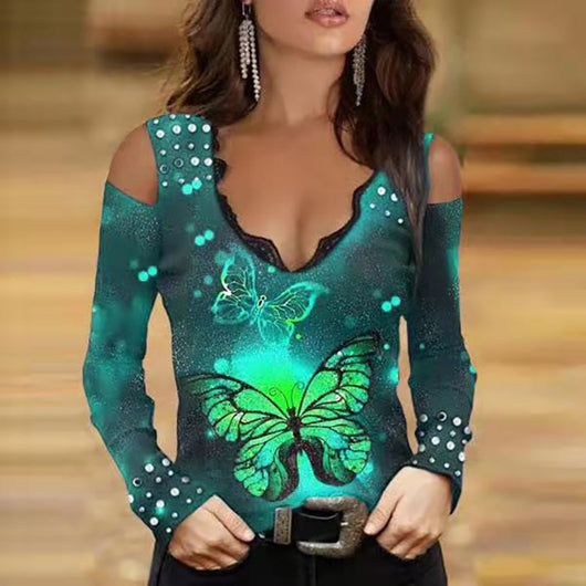 Blusa Estampada de Mariposas con Encaje, Cuello en V y Manga Larga con Degradado - Image 11