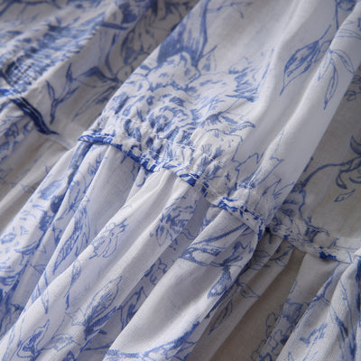 Falda Plisada Floral Azul en Algodón Ligero con Pájaros - Image 3