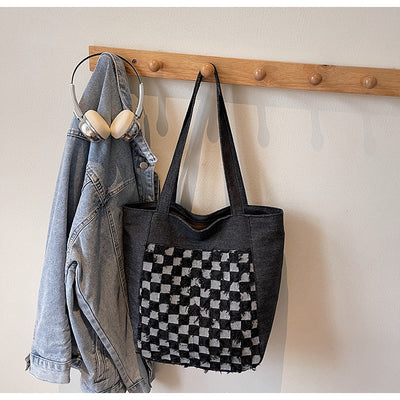 Bolsa Tote de Mezclilla Lavada con Patrón Escocés y Gran Capacidad - Image 26