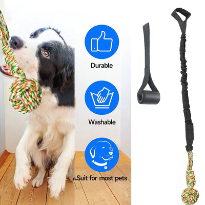 Grey elastic dog tug-of-war rope with two colorful knotted cotton rope ends and a black suction cup. - Image 2