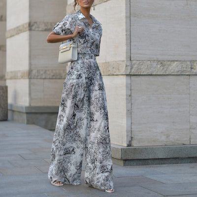Conjunto de Dos Piezas: Camisa Estampada con Pintura China y Pantalón Ancho Cintura Alta - Image 9
