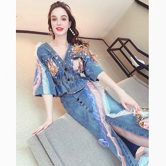 Conjunto Denim Retro con Bordado - Top y Falda Dos Piezas Estilo Street - Image 3