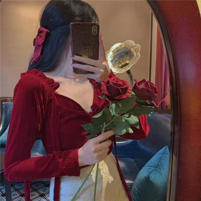 Blusa Roja Estilo Palacio Francés para Mujer - Otoño Invierno Ajustado - Image 4