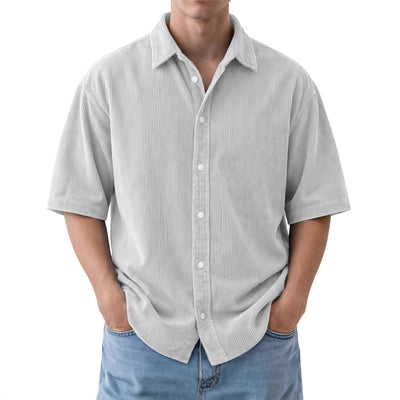 Camisa de Pana Suelta para Hombre - Manga Corta Color Sólido - Image 4