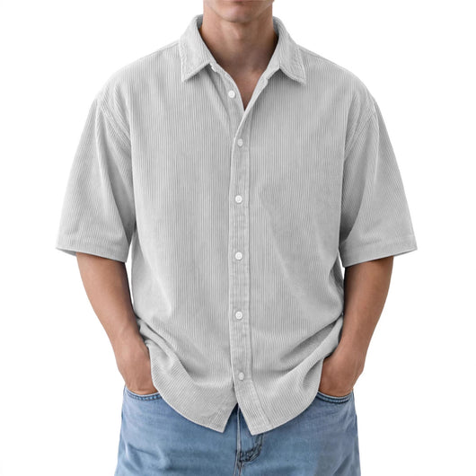 Camisa de Pana Suelta para Hombre - Manga Corta Color Sólido - Image 4