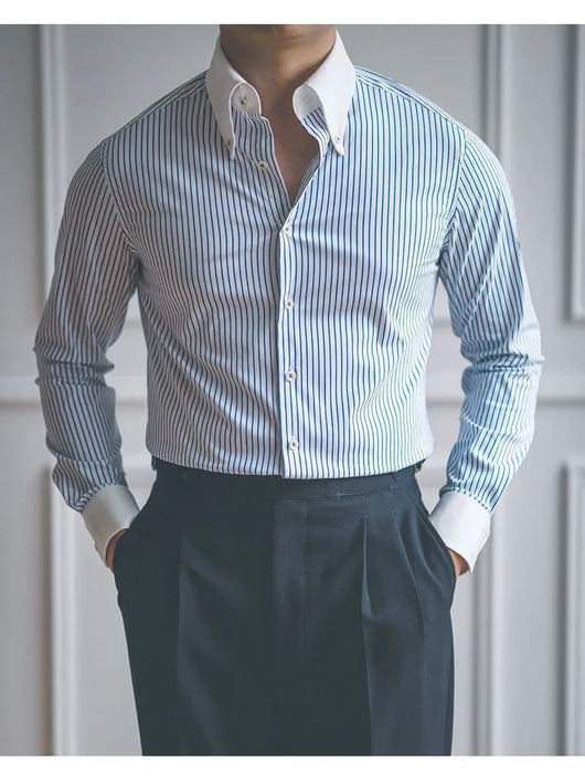 Camisa Casual a Rayas Manga Larga Vintage para Hombre - Image 9