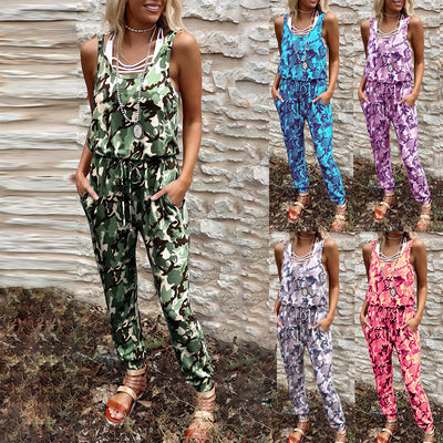 Jumpsuit Casual de Cintura Alta sin Mangas con Estampado