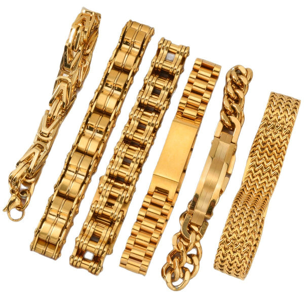 Pulsera de Oro para Hombre con Placa Curva y Diseño de Malla - Brazalete Hip-hop Elegante