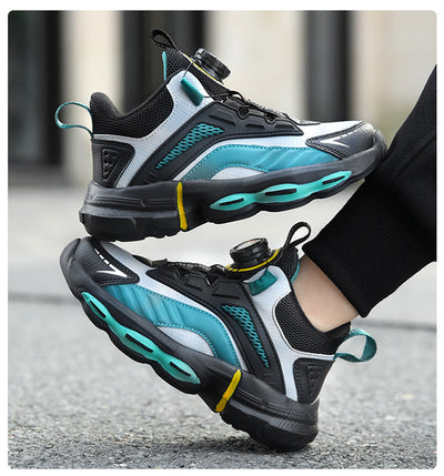 Black, white, and neon green children's basketball shoes with rotating buckle closure, featuring a mid-top design. - Image 29