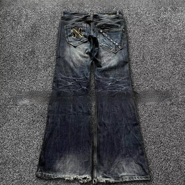 Pantalones Acampanados Denim Vintage con Bordados - Estilo Retro Lavado