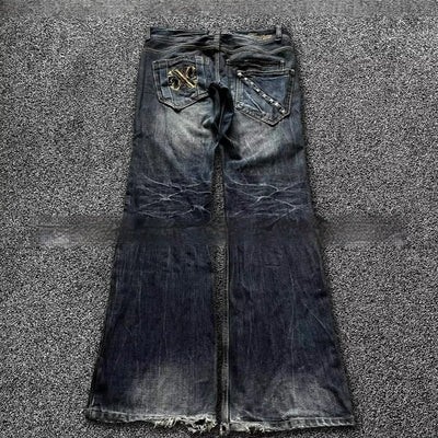 Pantalones Acampanados Denim Vintage con Bordados - Estilo Retro Lavado - Image 2