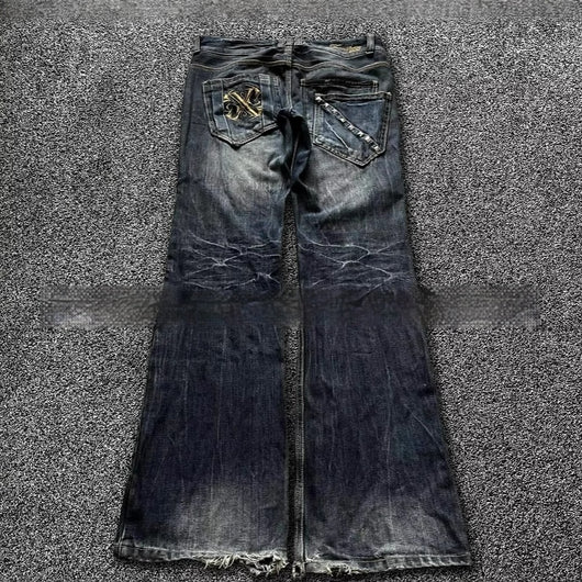 Pantalones Acampanados Denim Vintage con Bordados - Estilo Retro Lavado - Image 2