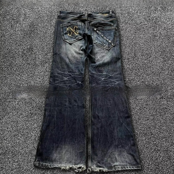 Pantalones Acampanados Denim Vintage con Bordados - Estilo Retro Lavado