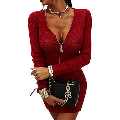 Suéter Vestido Ajustado Cuello V Mujer - Tejido Liso con Opción Cremallera - Image 10