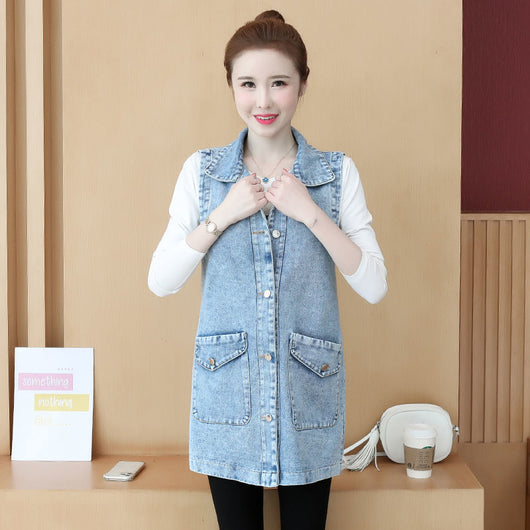 Chaleco Denim Coreano Mujer Suelto Largo sin Mangas