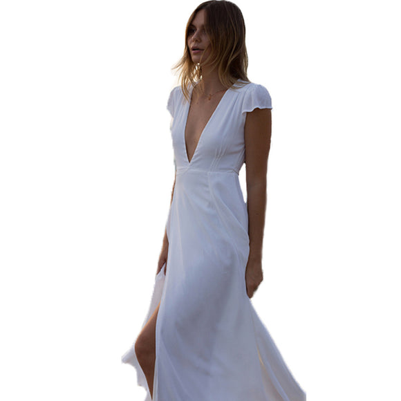 Vestido Largo con Abertura en Tobillo y Cuello en V para Mujer