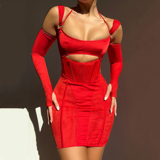 Vestido Ajustado Backless con Malla Transparente y Falda Cadera