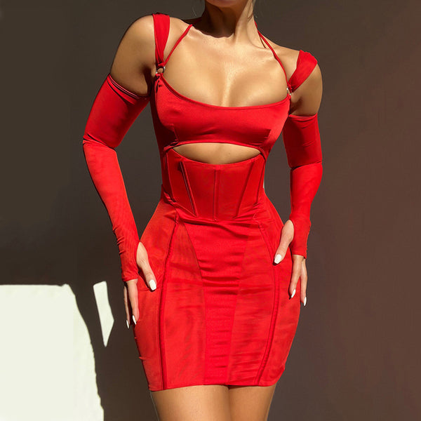 Vestido Ajustado Backless con Malla Transparente y Falda Cadera
