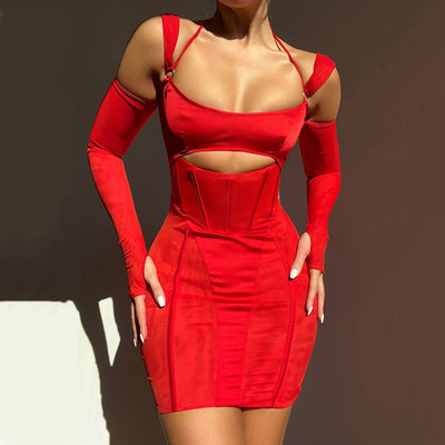 Vestido Ajustado Backless con Malla Transparente y Falda Cadera