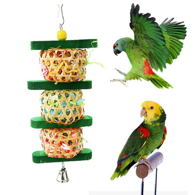 Colorful parrot toy with three rattan woven balls filled with paper, green wooden blocks, a yellow bead, and a bell. - Image 7