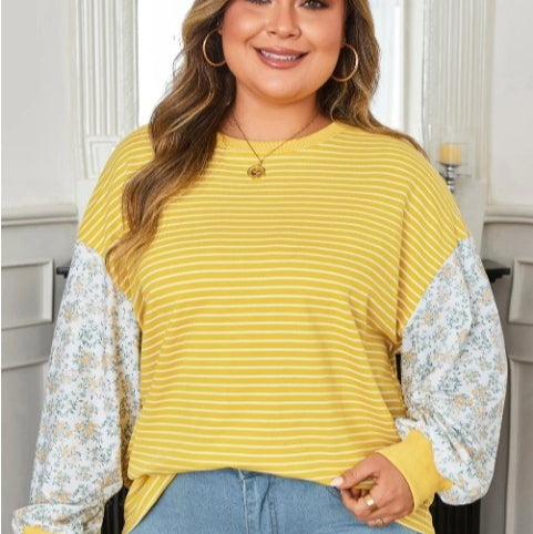 Blusa Holgada Talla Grande con Diseño Floral y Rayas Contrastantes