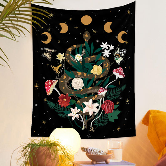 European retro mushroom tapestry with a starry night sky, crescent moon, butterflies, and various colorful fungi and plants.