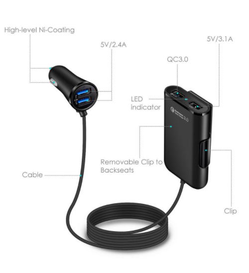 Cargador de Auto con 4 Puertos USB QC3.0 para Asiento Trasero con Cable y Soporte - Image 6